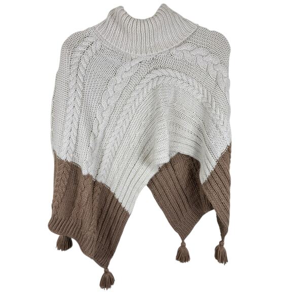 BCBGeneration Cream Tan Cable Knit Tasseled Mock Neck Poncho Sweater One Size - Picture 1 of 5